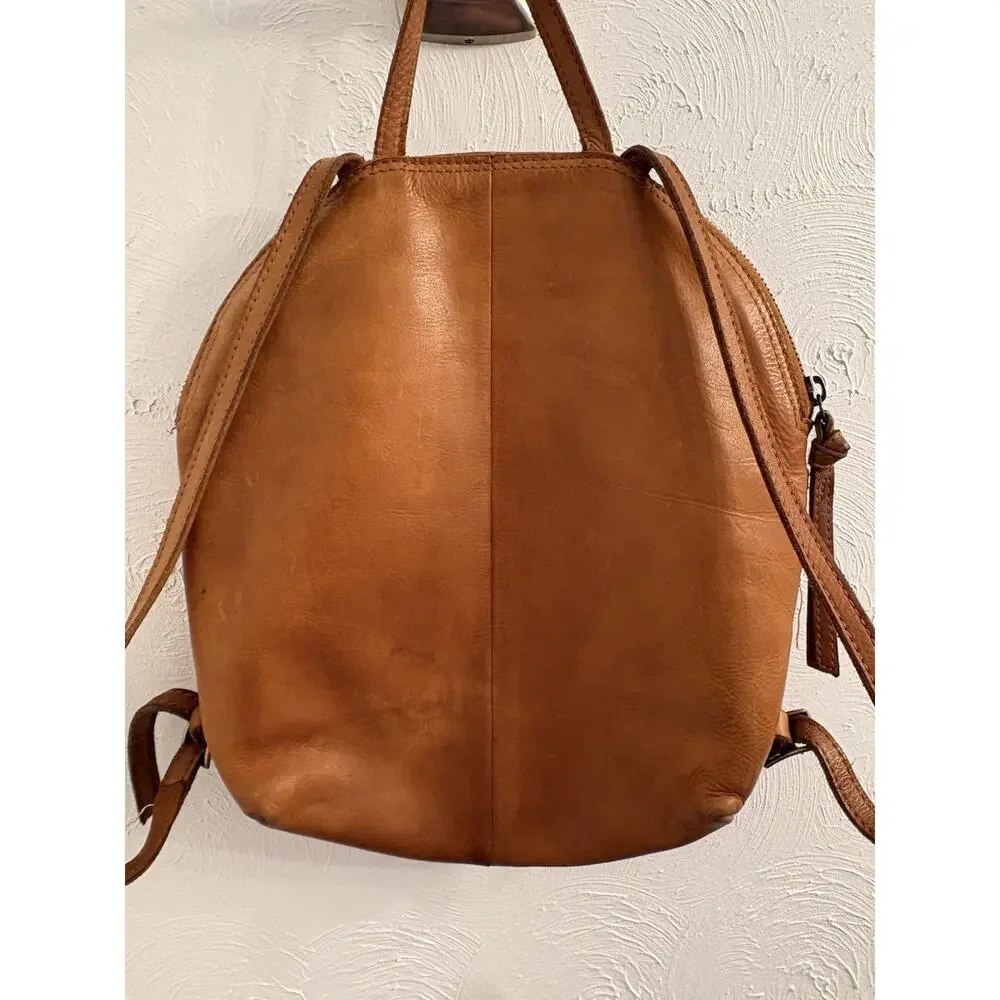 Margot New York Tan Leather Backpack Purse Chevron-Striped Front Pocket